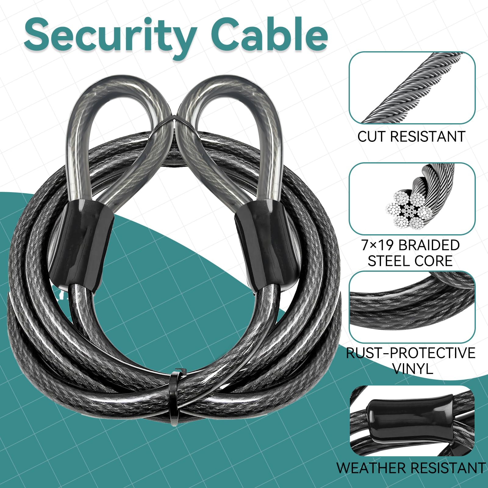 EEBBL Câble en Acier avec Boucles 9M x 12mm, Câble de Sécurité en Acier Gainé PVC, Antivol Flexible pour Vélo, Moto, Accessoires (Noir)