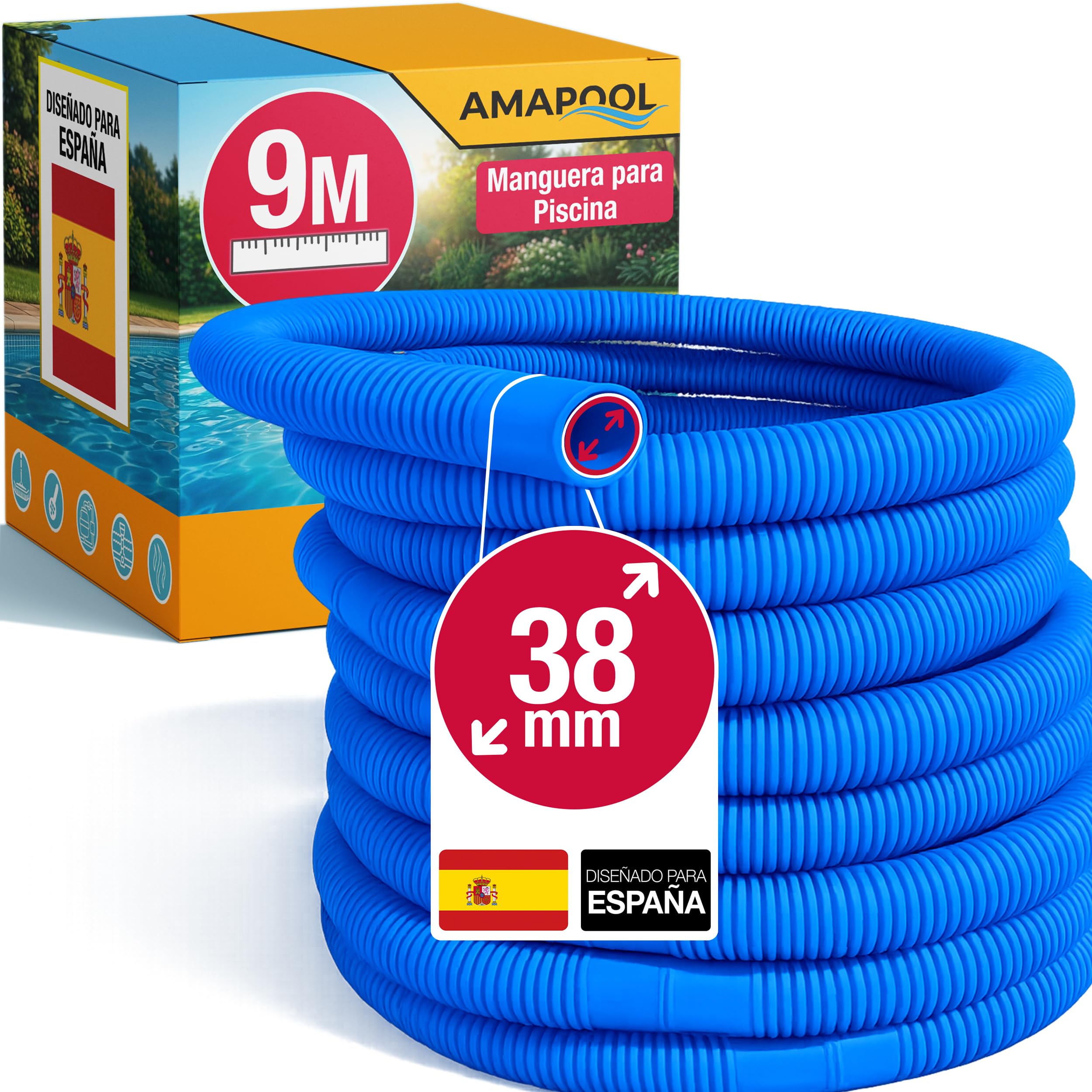 Amapool Manguera de piscina 38mm 9m azul – Manguera flexible & desmontable – Tubo para bomba, Skimmer & filtro de arena – Tubo de bomba 38 mm Diámetro interior