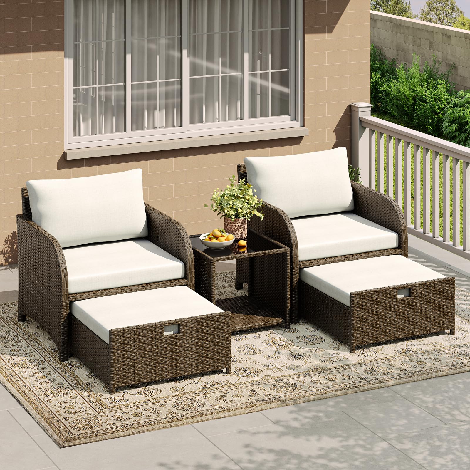 GarveeHome 5er Rattan Gartenmöbel Set mit 71cm breiter Sitzfläche, Balkonmöbel Kleiner Balkon, 2 Rattansessel mit Hocker & Tisch, Gartenlounge Terrassenmöbel, Outdoor Gartengarnitur
