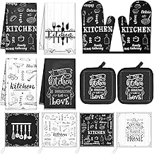 12 Pcs Farmhouse Kitchen Decor Sets, 8 Black and White Kitchen Dish Towels 2 Pot Holders 2 Oven Mitts Glove, Rustic Hand Towels and Dishcloths Sets for Home Decorations Accessories Christmas Mom Gifts