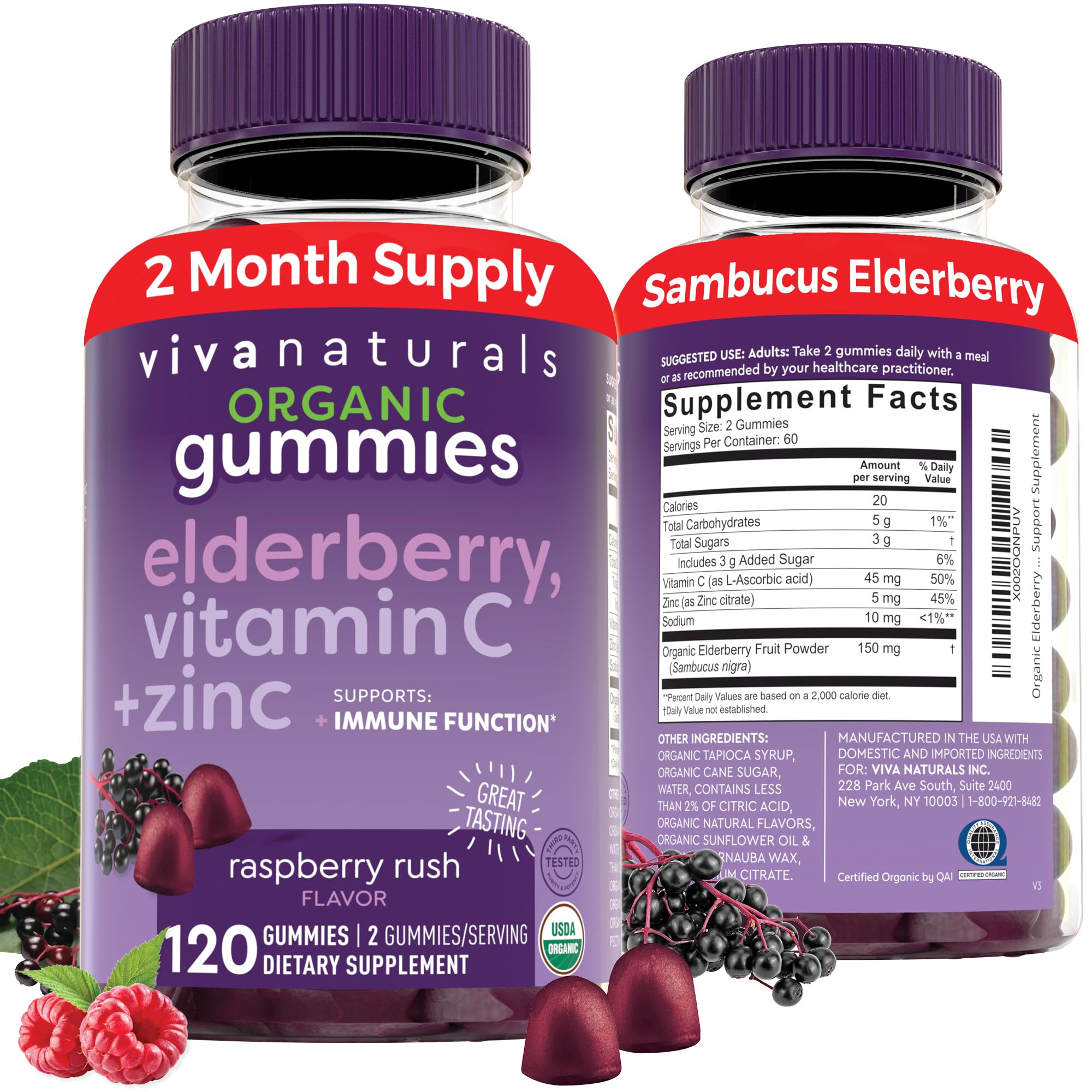 Viva NaturalsOrganic Elderberry Gummies with Zinc and Vitamin C (120 Count) - Two-Month Supply, Certified USDA Organic 3-in-1 Chewable Sambucus Elderberry Gummies, Immune Support Supplement