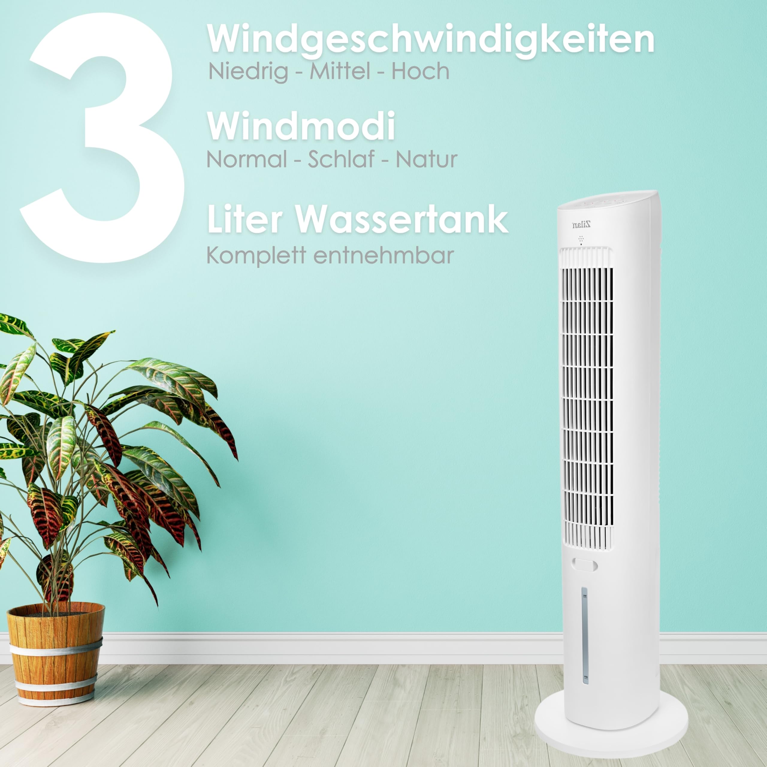 3in1 Standventilator mit Wasserkühlung sehr leise - Mobile Klimaanlage ohne Abluftschlauch -Verdunstungskühler Aircooler Turmventilator mit Fernbedienung Luftreiniger 12H Timer Tower Fan (Turm Design)