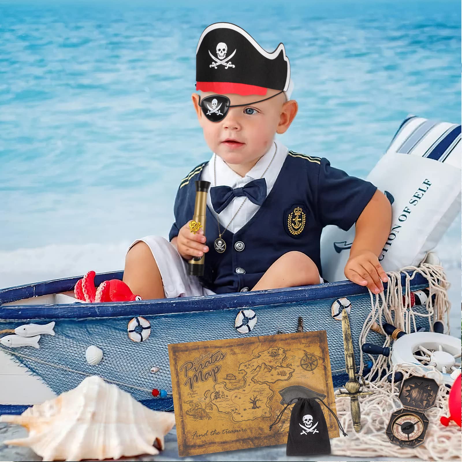 29 sztuk akcesoria do kostiumów piratów, kapeluszy, naszywki, motyw pirackiego oka kompasu, naszyjnika, monety, mapa, kostium kapitana pirata, na karnawał dla chłopców, dziewcząt
