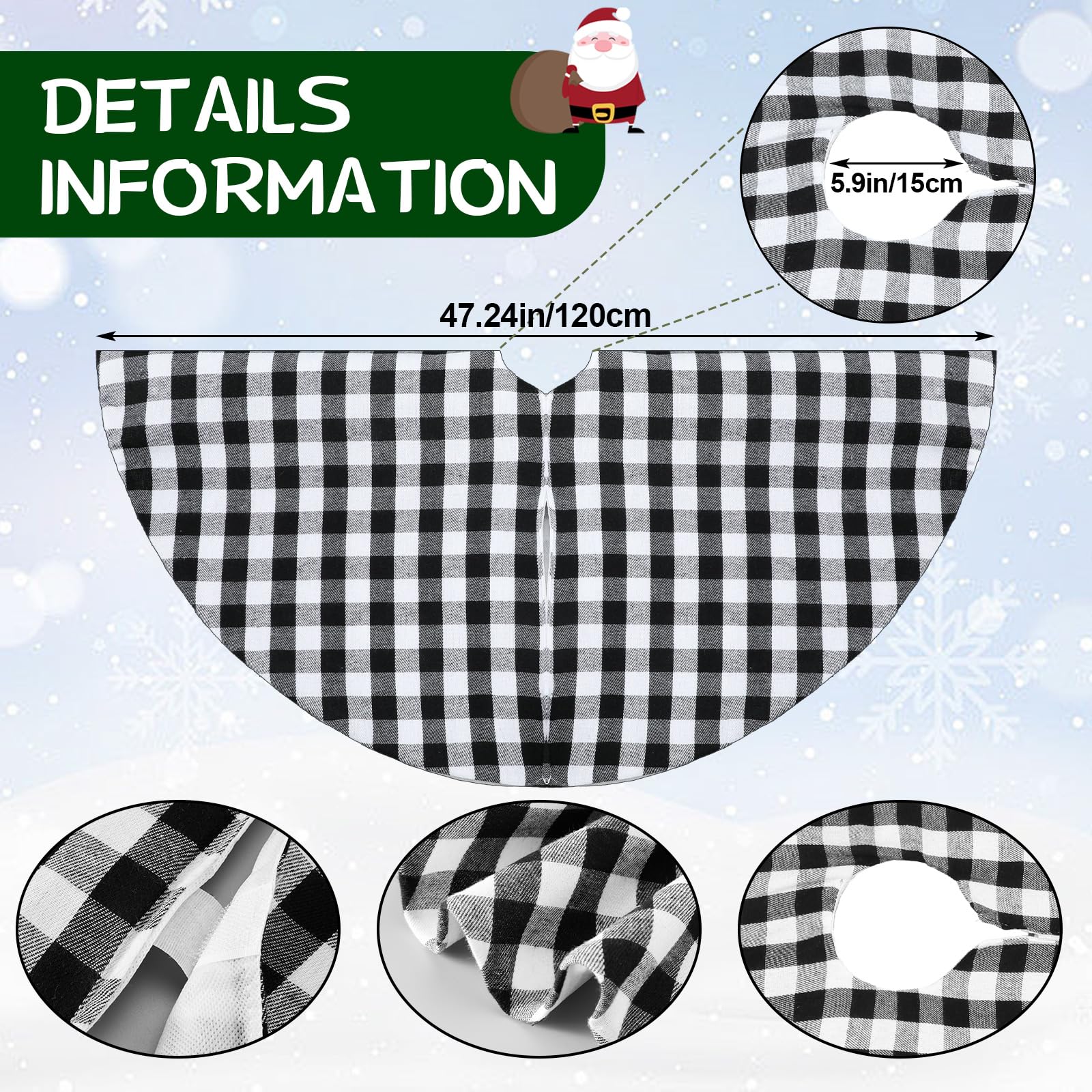 Hiboom Lot de 15 décorations de sapin de Noël à carreaux, 12 boules de Noël noires et blanches, 1 jupe de sapin de Noël à carreaux, 2 drapeaux de course en polyester avec bâtons en plastique pour fête