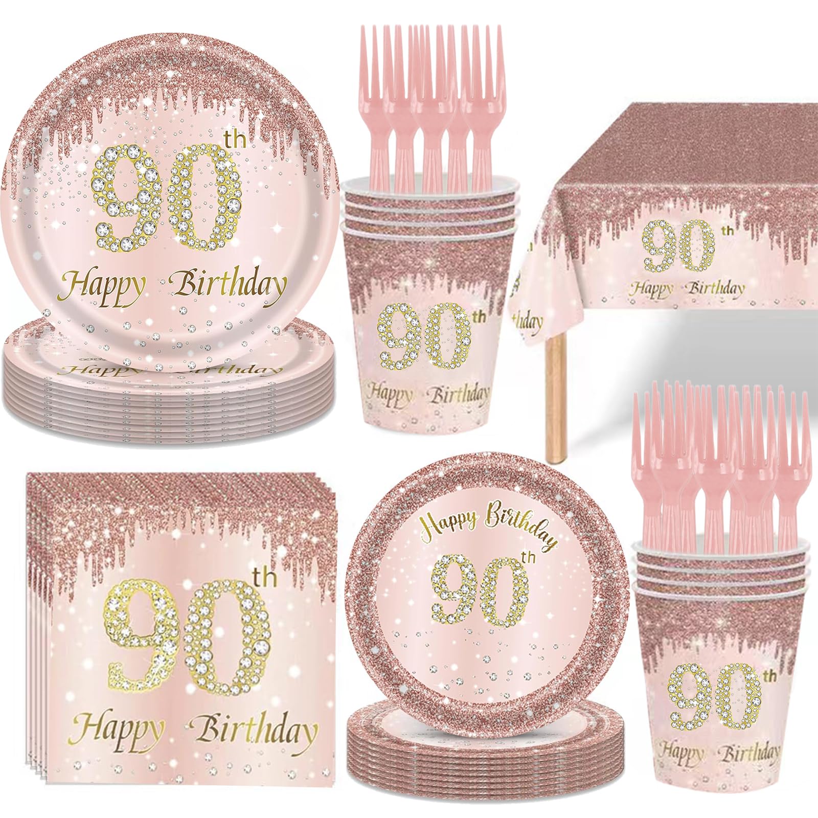 121pcs 90th Birthday Party Supplies Plates Napkins Cups 