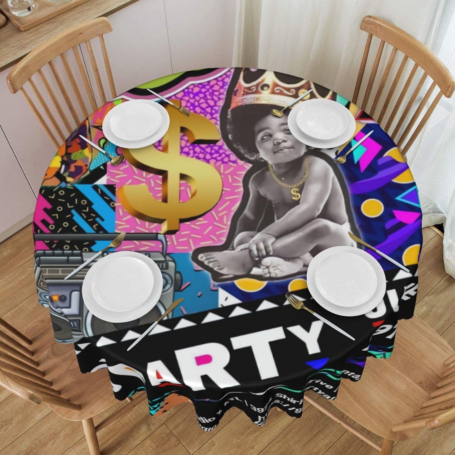 Retro Fashion 80s 90s Tablecloth 60 Inch Round Reusable & Washable Table Cover for Party Picnic Dinner Decor