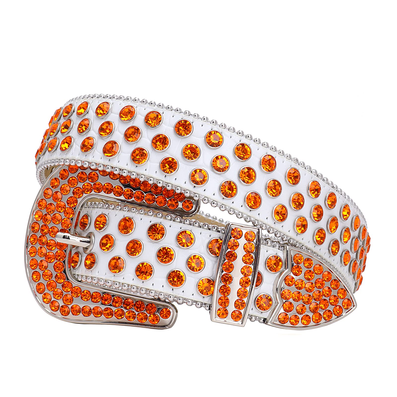 TINIDI Western Men Women Rhinestone Belts Bling Bling Studded Diamond Leather Belts (White and Orange, Fit Waist 30-32 inches)
