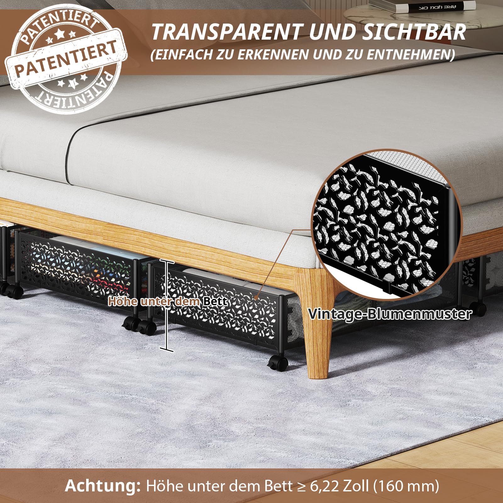 Unterbett-Aufbewahrungsbehälter mit Rollen, Unterbett-Organizer, Schublade, werkzeuglose Montage, Metall-Unterbett-Aufbewahrungsbehälter für Schlafzimmer, Kleidung, Schuhe, Decken, 2 Stück