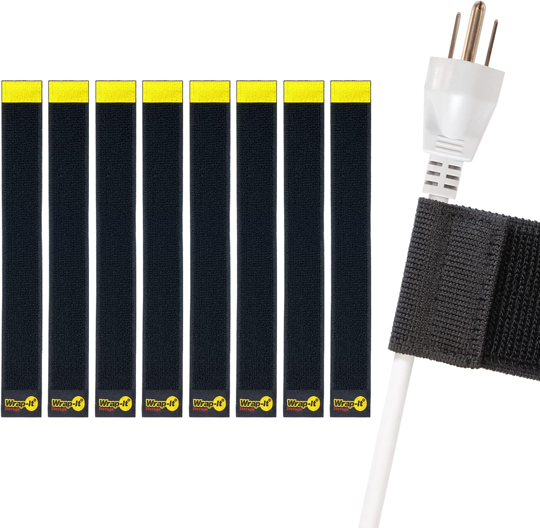 Selfie Straps by Wrap-It Storage, 12-inch (8-Pack), Black - Stretchy Hook and Loop Cord Organizer That Stays Attached to Cord for Electrical Cable Management and Organization