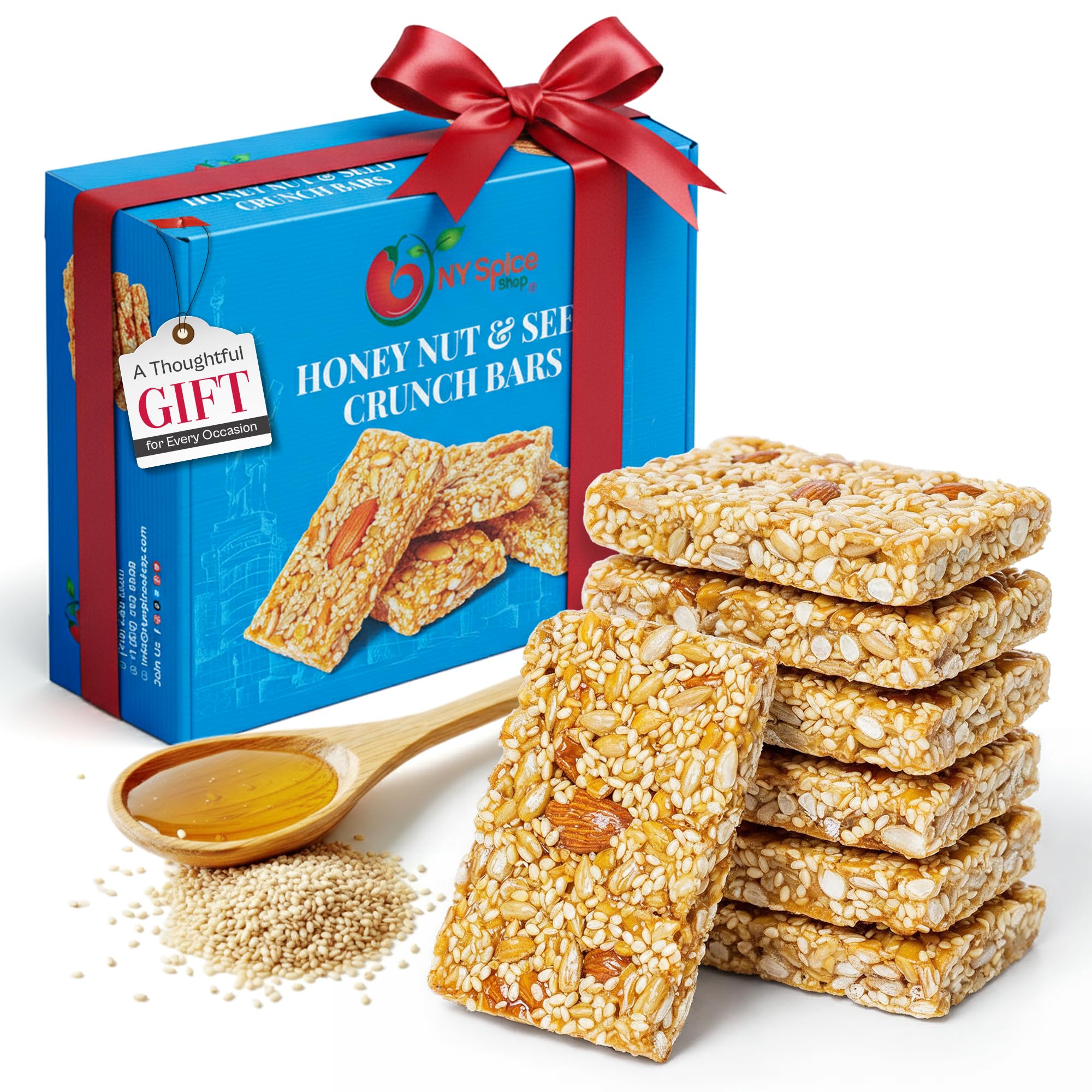 NY Spice ShopHoney Nut and Seed Crunch Bars – 1 Pound Honey Sesame Nut & Seed Snaps Brittle Crunch Candy – Decadent Snack Protein Bars – A Great Gift Box for Thanksgiving, Christmas & Holiday Season