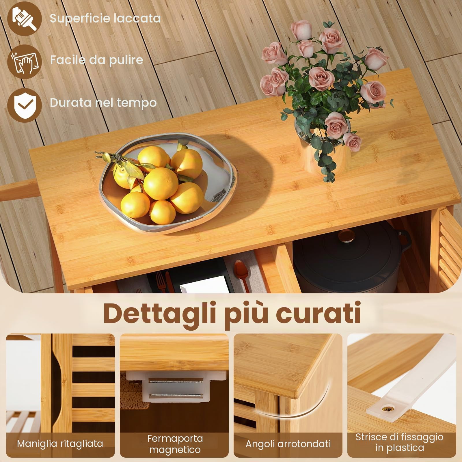KOMFOTTEU Carrello Portavivande in Bambù con Ruote Bloccabili e Cassetto