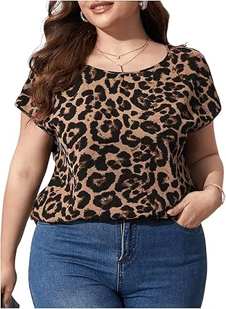 RoseSeek Women's Plus Size Leopard Print Blouses Shirts Dolman Short ...