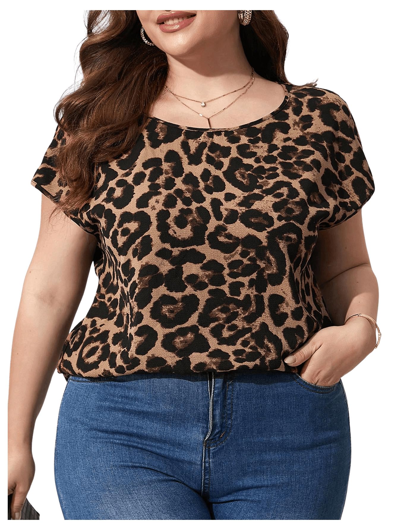 Women's Plus Size Leopard Print Blouses Shirts Dolman Short Sleeve Crew Neck Casual Shirts