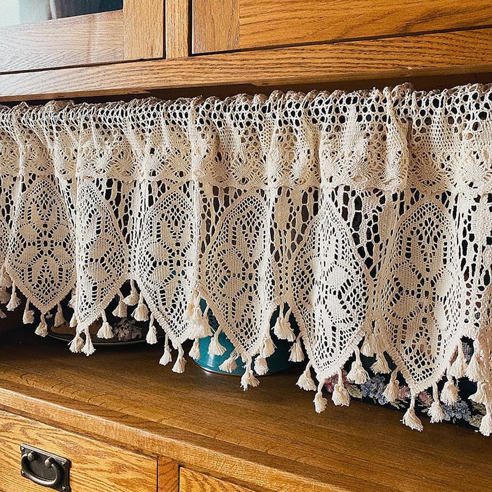 Tenda da Cucina all'Uncinetto Vuoto, Tendine per Piccole Finestre Stile Rustico Tenda Mezza con Piccola Nappa Tendine per Piccole Trasparenti Bohemian (Color : Beige, Size : 180x90cm/71x35in)