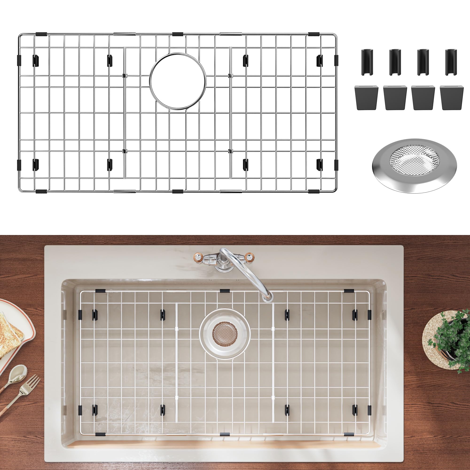 Photo 1 of Stainless Steel Sink Protector 28-3/8" x 14-3/16" with Rear Drain, Metal Sink Rack for Bottom of Sink, Kitchen Sink Grate and Sink Protectors with Sink Strainer (28-3/8" x 14-3/16" - Rear Drain)