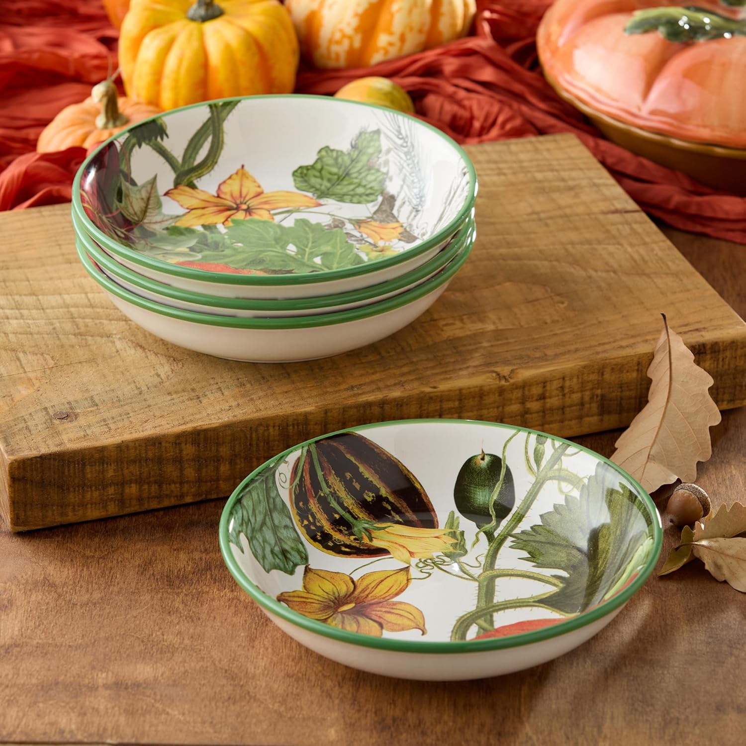 Harvest Fields 38oz Ceramic Soup Bowls – Set of 4 Rustic Farmhouse Bowls with Autumn Pumpkin Designs – Perfect for Soup, Pasta, Salads & Stews – Microwave & Dishwasher Safe for Easy Use