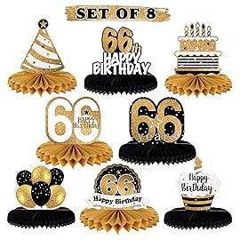 LINGTEER Happy 66th Birthday Table Honeycomb Centerpieces Cheers to 66th Birthday 66 Years Old Party Table Decorations Gift Sign.