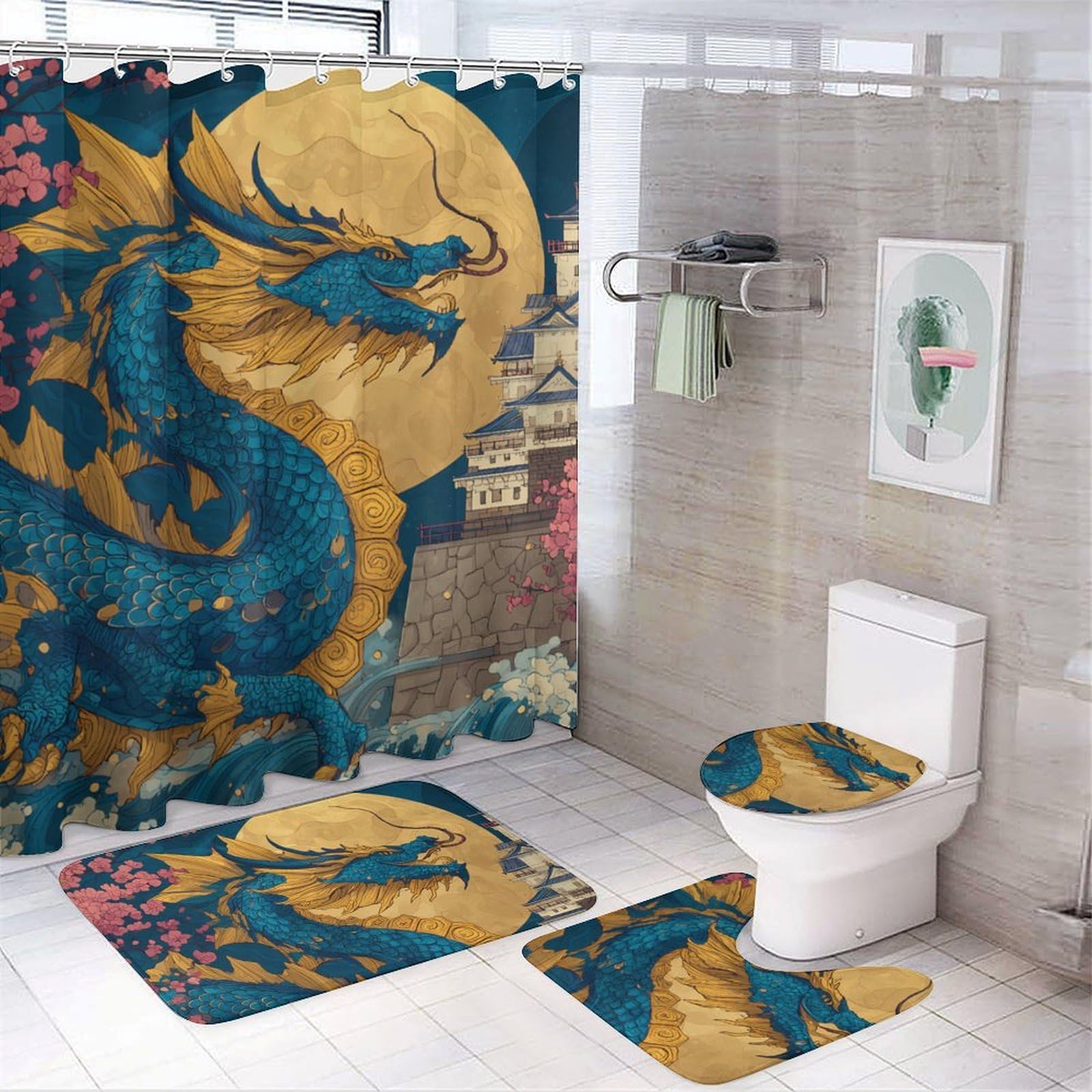 CGSBNGHA Chinese Dragon Moon Shower Curtain Set 4 Piece Bathroom Sets with Rugs Toilet Lid Cover And U-Shaped Floor Mat
