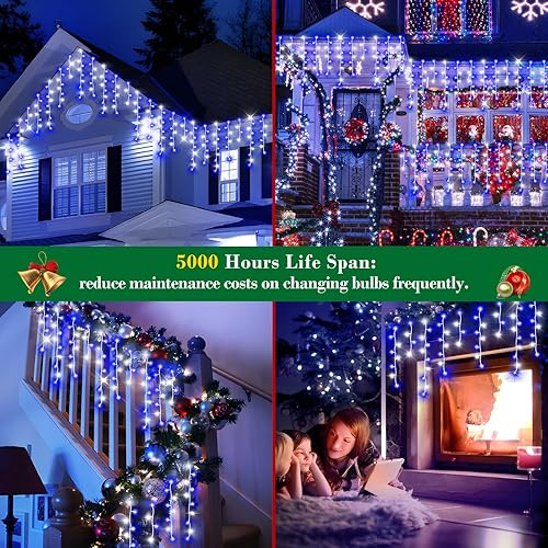 Miniatura 9 de XURISEN Luces de Navidad de 66 pies para decoración al aire libre, 640 LED, 8 modos, cortina de luces con 120 gotas, temporizador impermeable con