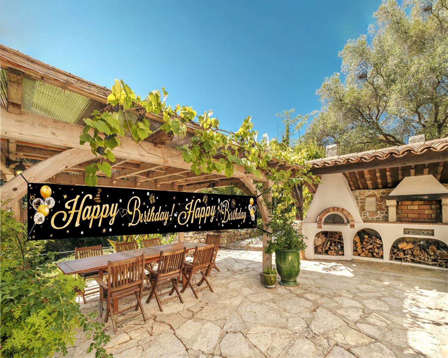 Striscione Compleanno Oro E Nero Con Scritte E Palloncini – HOWAF – Tessuto 274x37 Cm Per Decorazioni Festa - 2