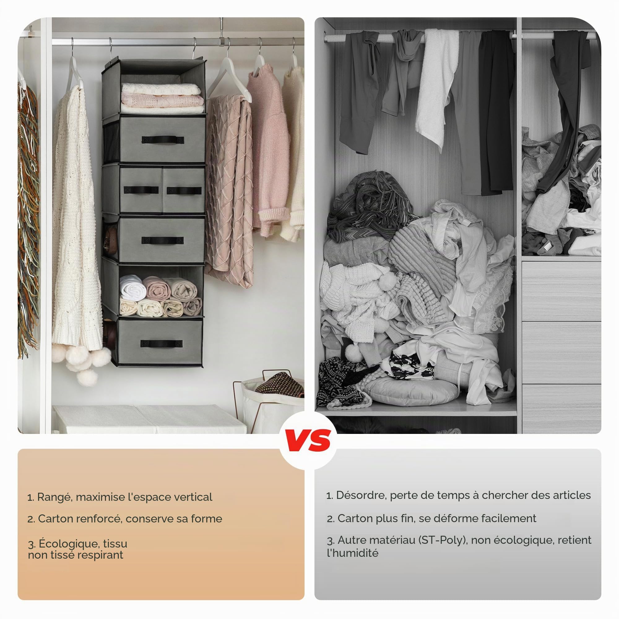 GRANNY SAYS Rangement de Penderie à 6 Compartiments, Étagère Suspendue de Rangement avec Tiroirs EI Poches Latérales, Rangement Suspendus pour Vêtements Pliable, Organisateur de Penderie Gris