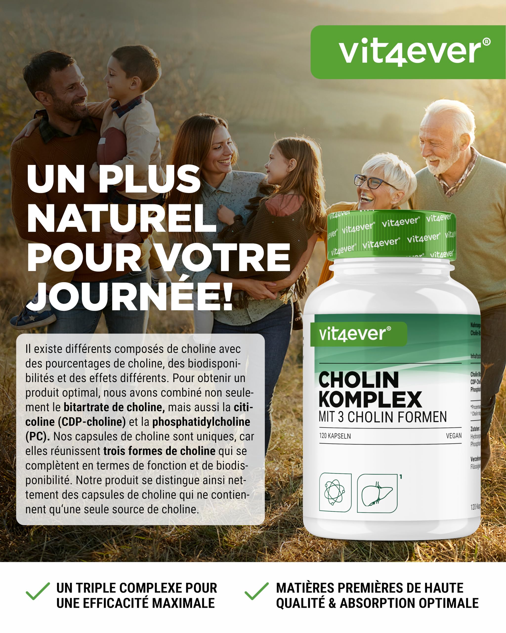 vit4ever Complexe de Choline avec 3 Formes de Choline - 120 Gélules - Bitartrate, Citicoline & Phosphatidylcholine en Combinaison Synergique - Sans Additif - Vegan