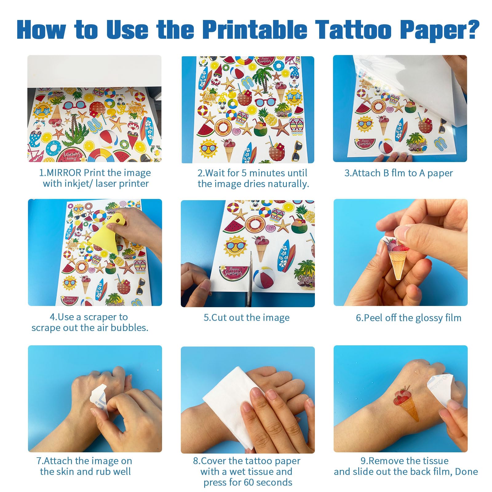 Papel de Tatuaje Temporal, Tatuajes Temporales Transparente A4X20 Hojas Papel para Transferir Tatuajes Imprimible, DIY Tatuaje Papel para Impresora de Inyección de Tinta y Láser