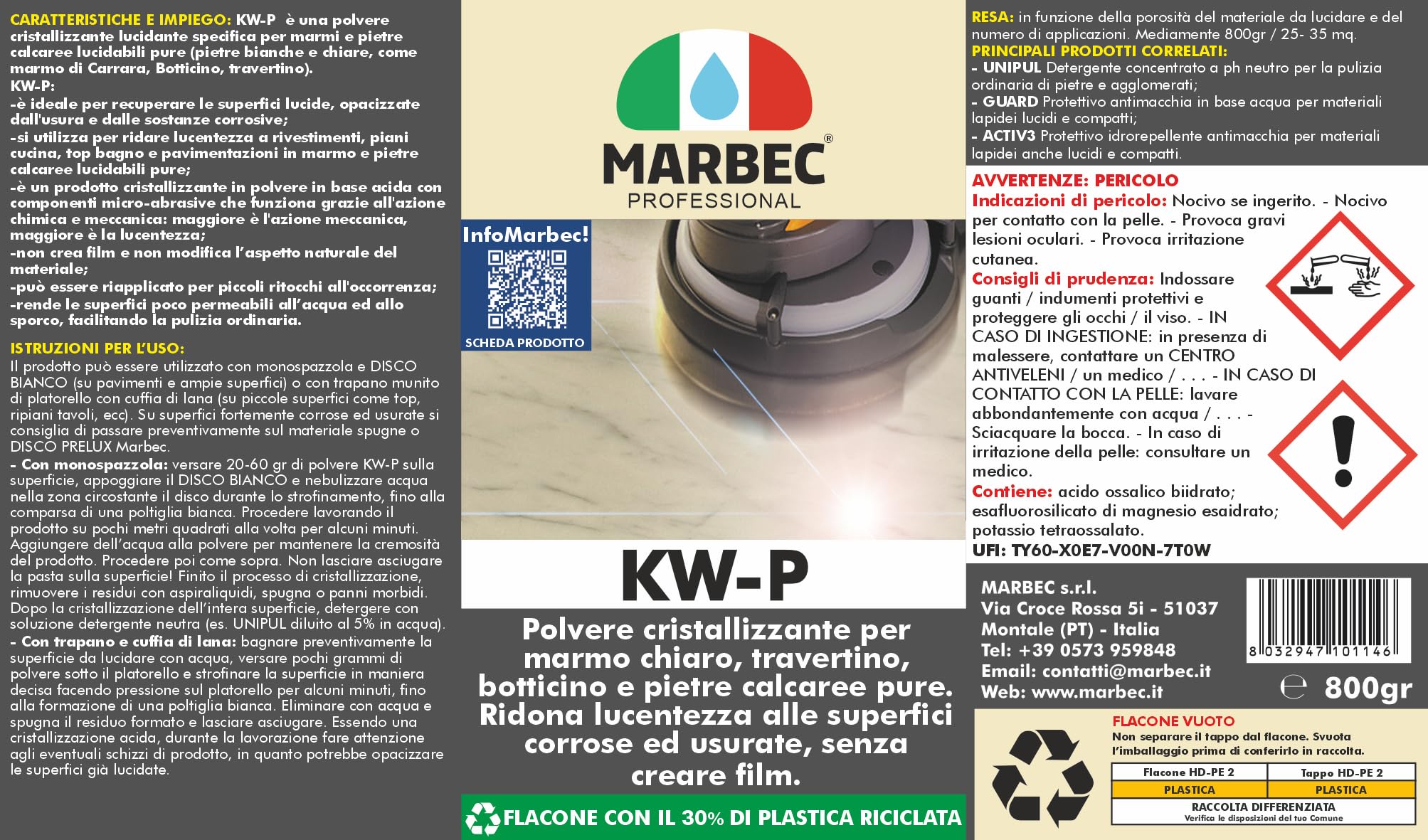 MARBEC KW-P 800GR Cristallizzante marmo chiaro di carrara, botticino, travertino e pietre calcaree pure. Ridona lucentezza alle superfici usurate e corrose.