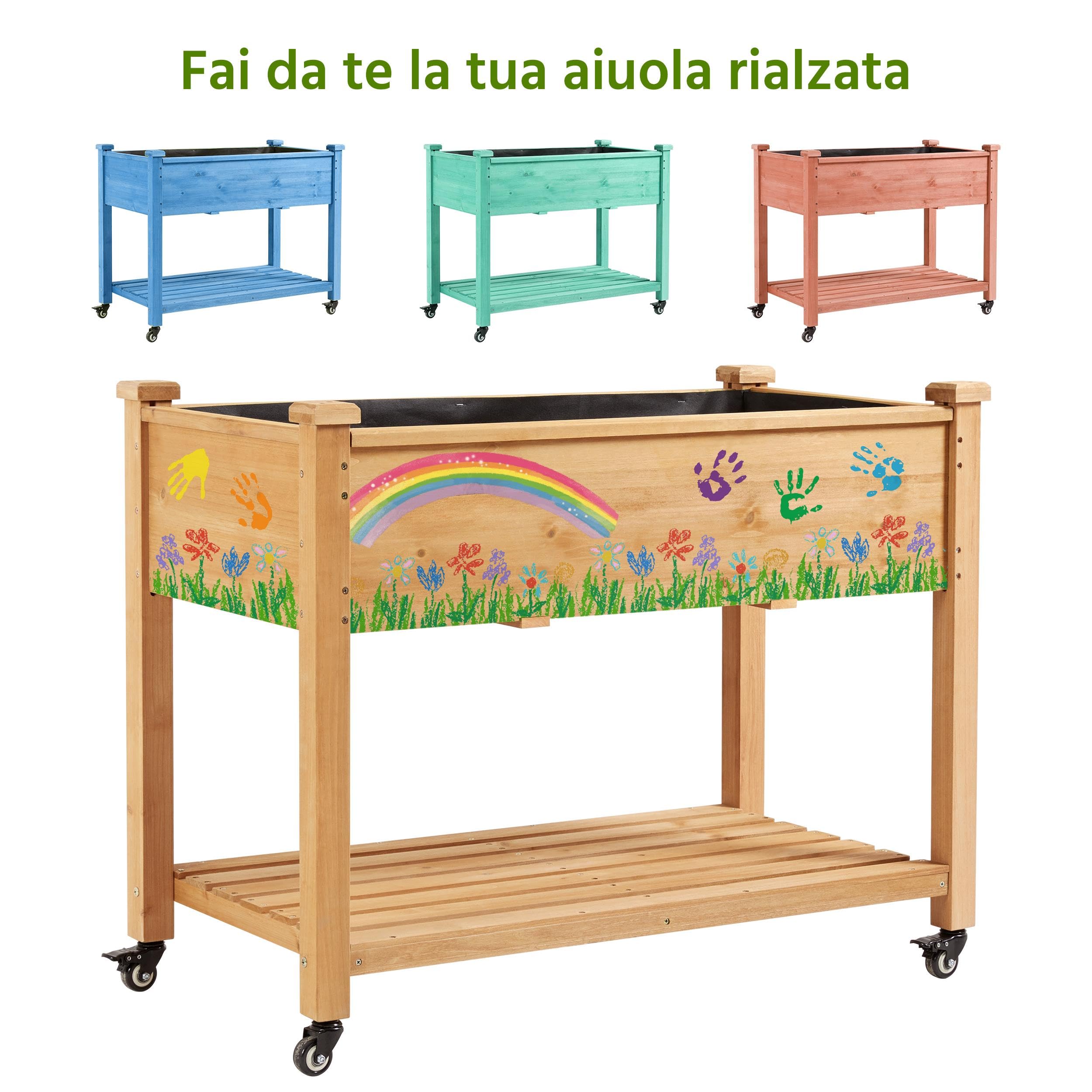 Yaheetech Fioriera/Aiuola Rialzata da Esterno Balcone Orto Letto Rialzato da Giardino per Piante in Legno Abete con Ruote Ripiano 105,5 x 56,5 x 83,5 cm