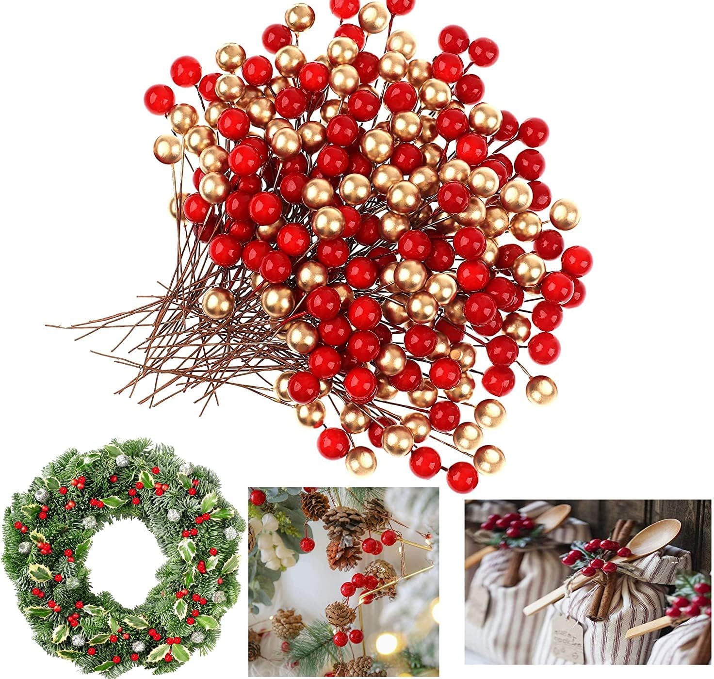 Ascension 100 Pcs Red Golden Christmas Berries for Xmas Tree Decoration, Wreath Making, DIY Craft & Decoration Item