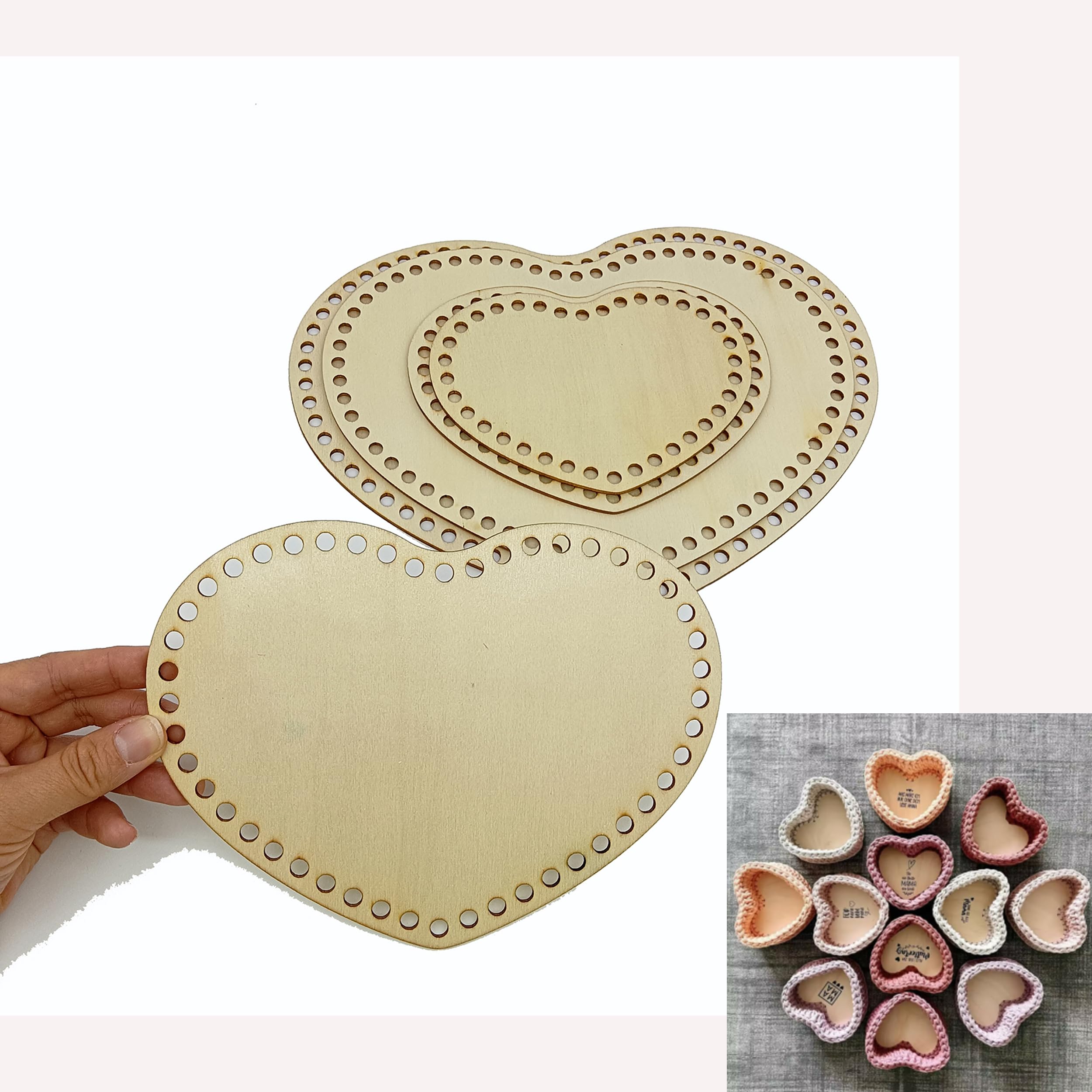 Alinacutle 5 Sizes Sweet Heart Wood Crochet Basket Base,Wooden Basket Bottom, Sweet Heart Wood Baskets Bases for DIY Baskets/Bags/Purse Weaving-image-2