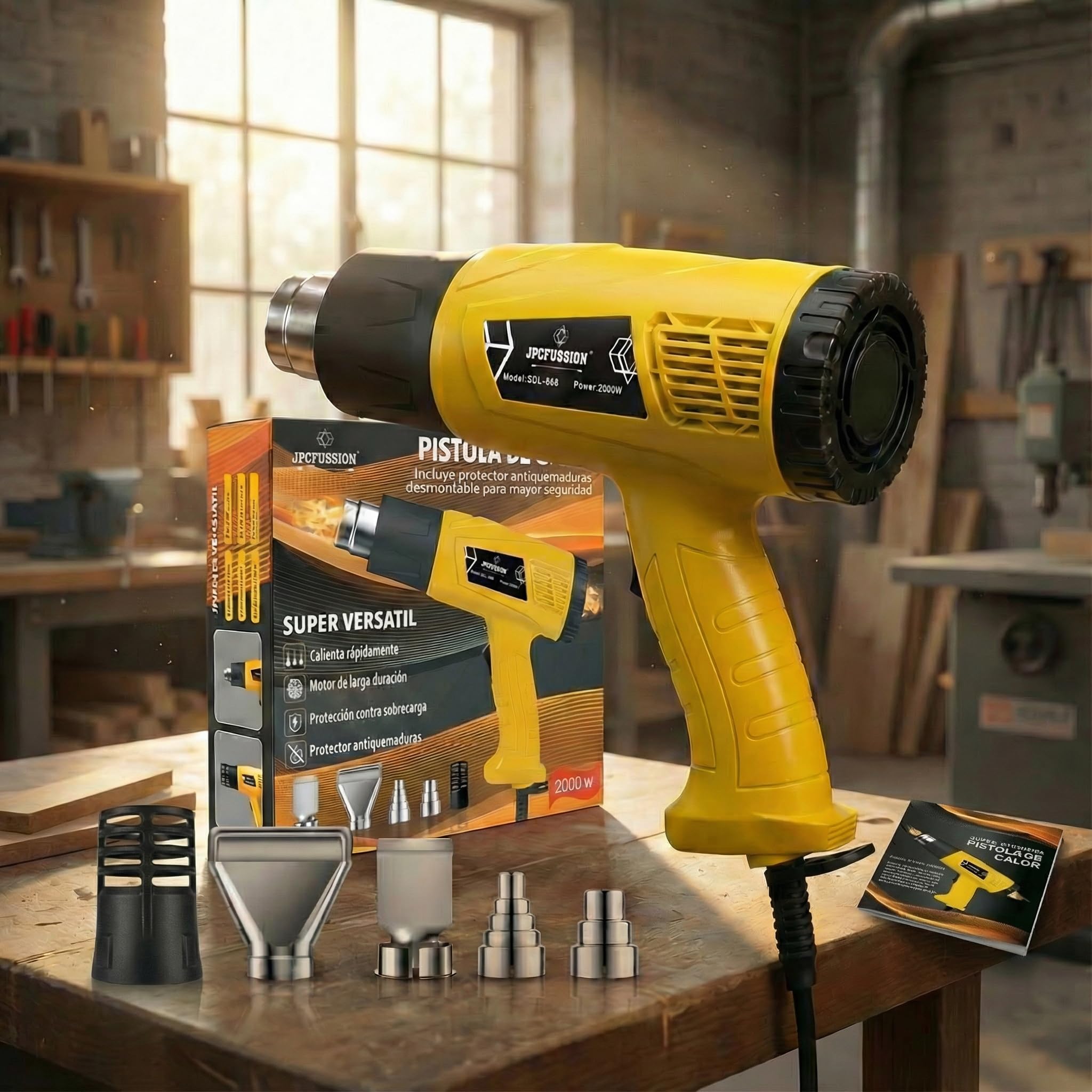 Pistola de Calor 2000W | 2 Niveles de Temperatura 400–600 °C | Pistola de Aire Caliente KIT PREMIUM con Protector Anti-Quemaduras y 4 Boquillas | Manual en Español