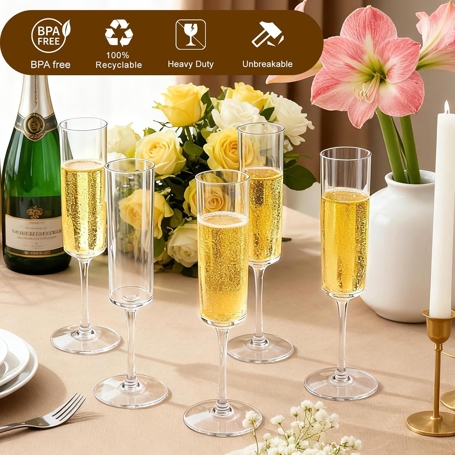 GuanQiao 24-Pack Plastic Champagne Flutes, 6oz Clear Square Disposable Toast Glasses, Heavy Duty Shatterproof Recyclable Wine Glasses for Party Wine Tasting Wedding New Years Eve Party Supplies - Image 6