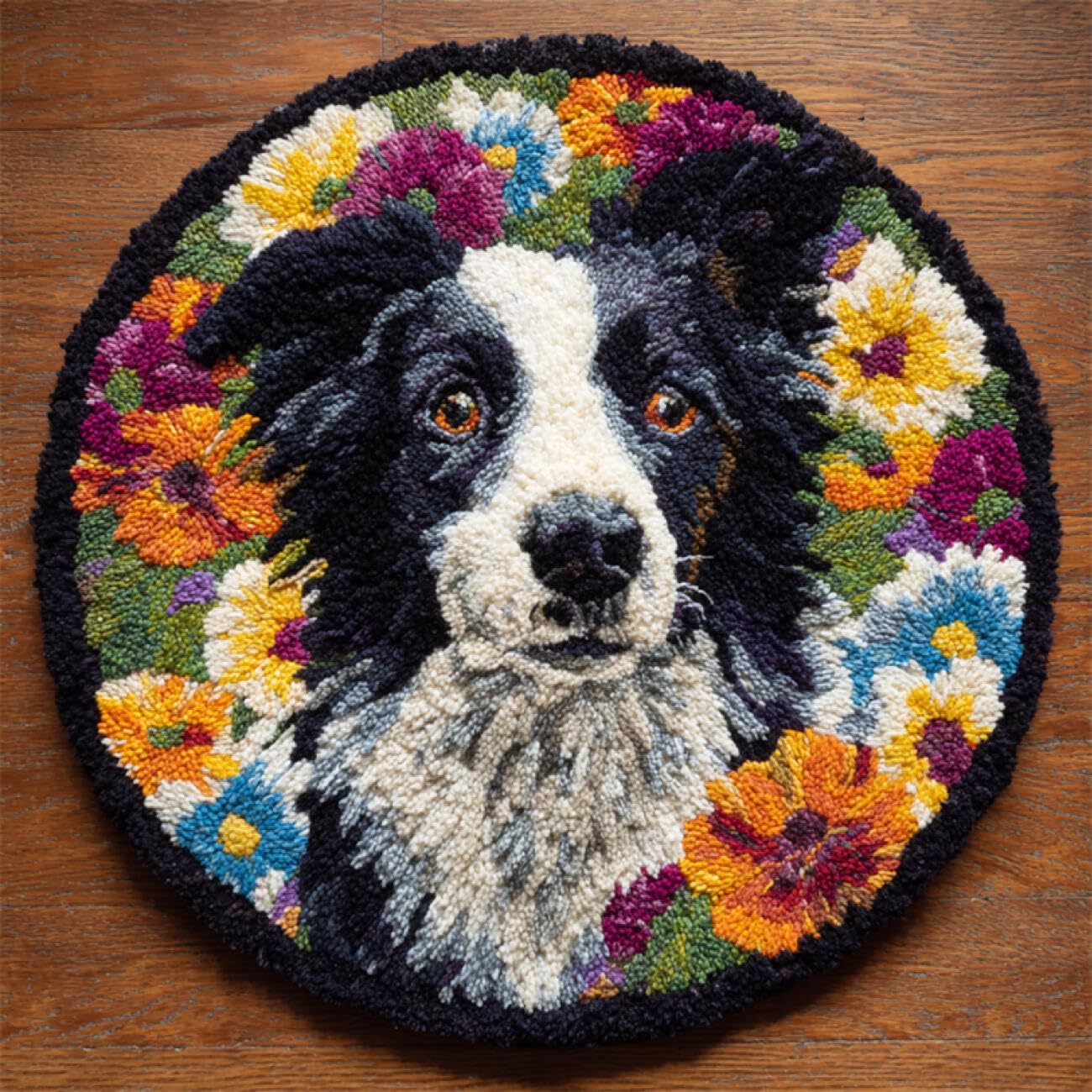 Kitquiver Dog Animal Latch Hook Kits Border Collies and Flowers DIY Latch Hook Rug Kit for Adults，Carpet Making Needlework for Beginners，Home Decor 50x50cm