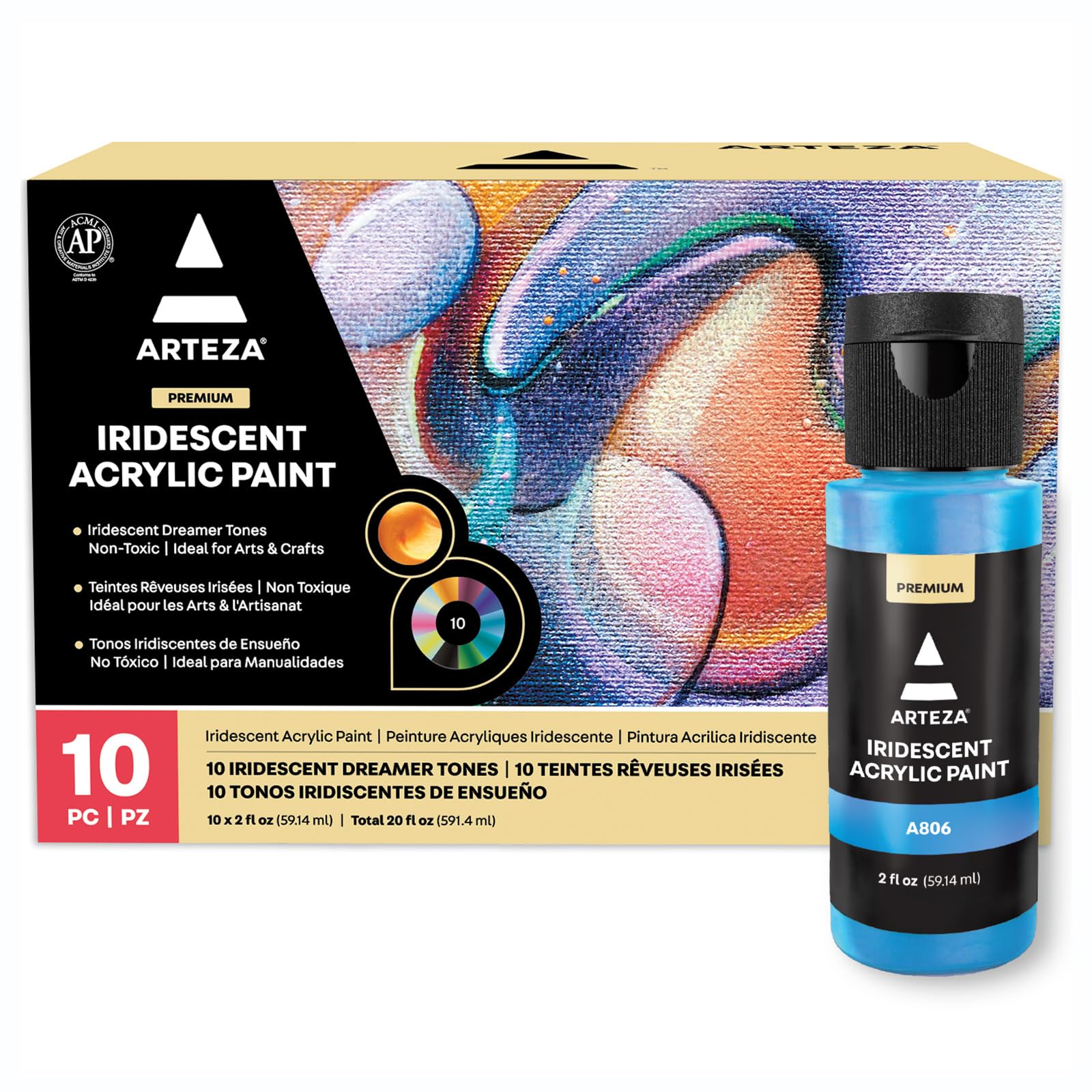 ARTEZA Iridescent Acrylic Paint Set of 10 Dreamer Colors Bottles, Shimmer Water-Based Artist Paints, Art Supplies for Canvas, Wood, Rocks, Fabrics