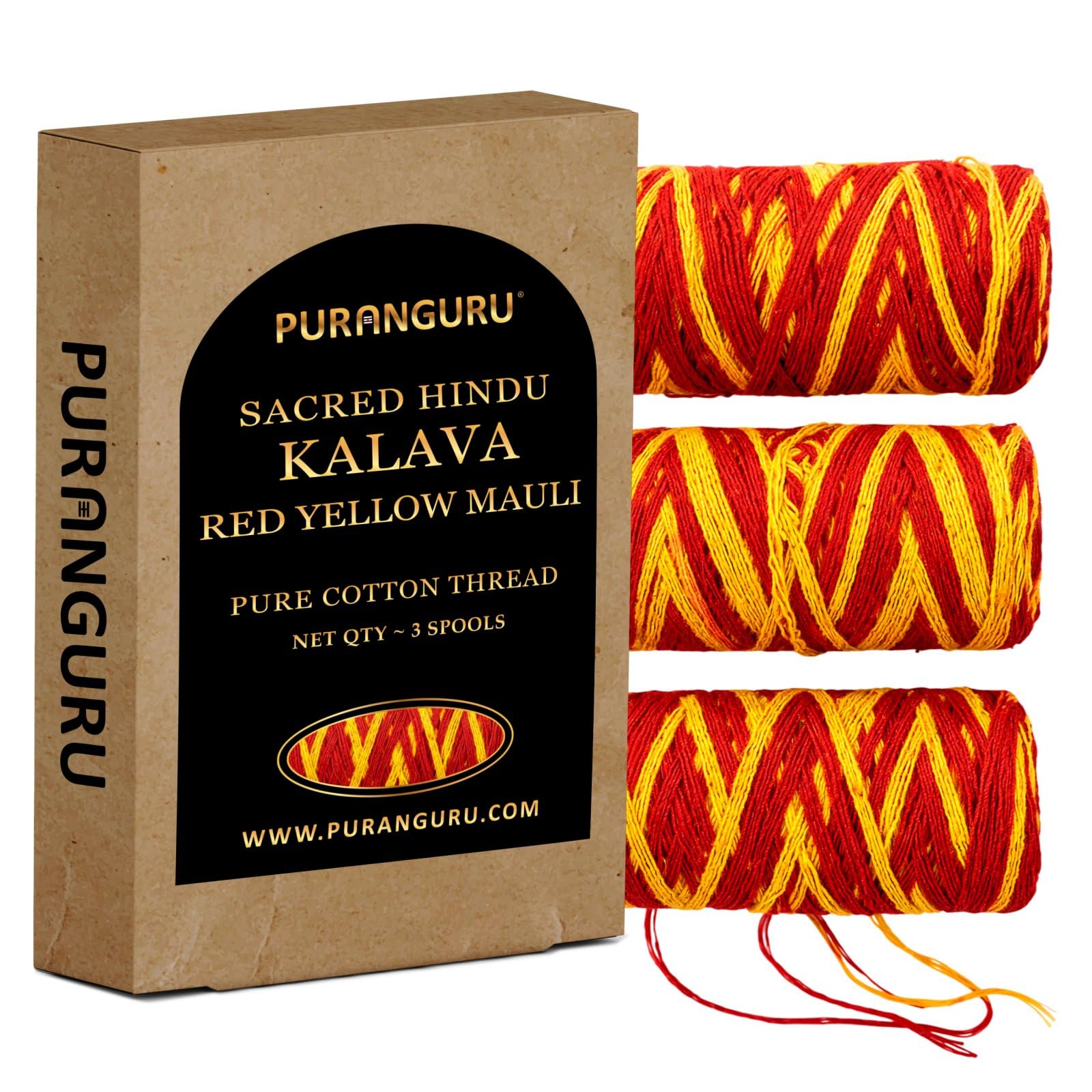 Handmade Red Yellow Kalava Moli Thread | 3 Spools x 50 Meters | Pure Cotton Kalawa Mauli | Religious Puja Rakhi Dhaaga | Sacred Hindu Pooja Nadachhadi Raksha Sutra | Wrist Band Laccha Roll