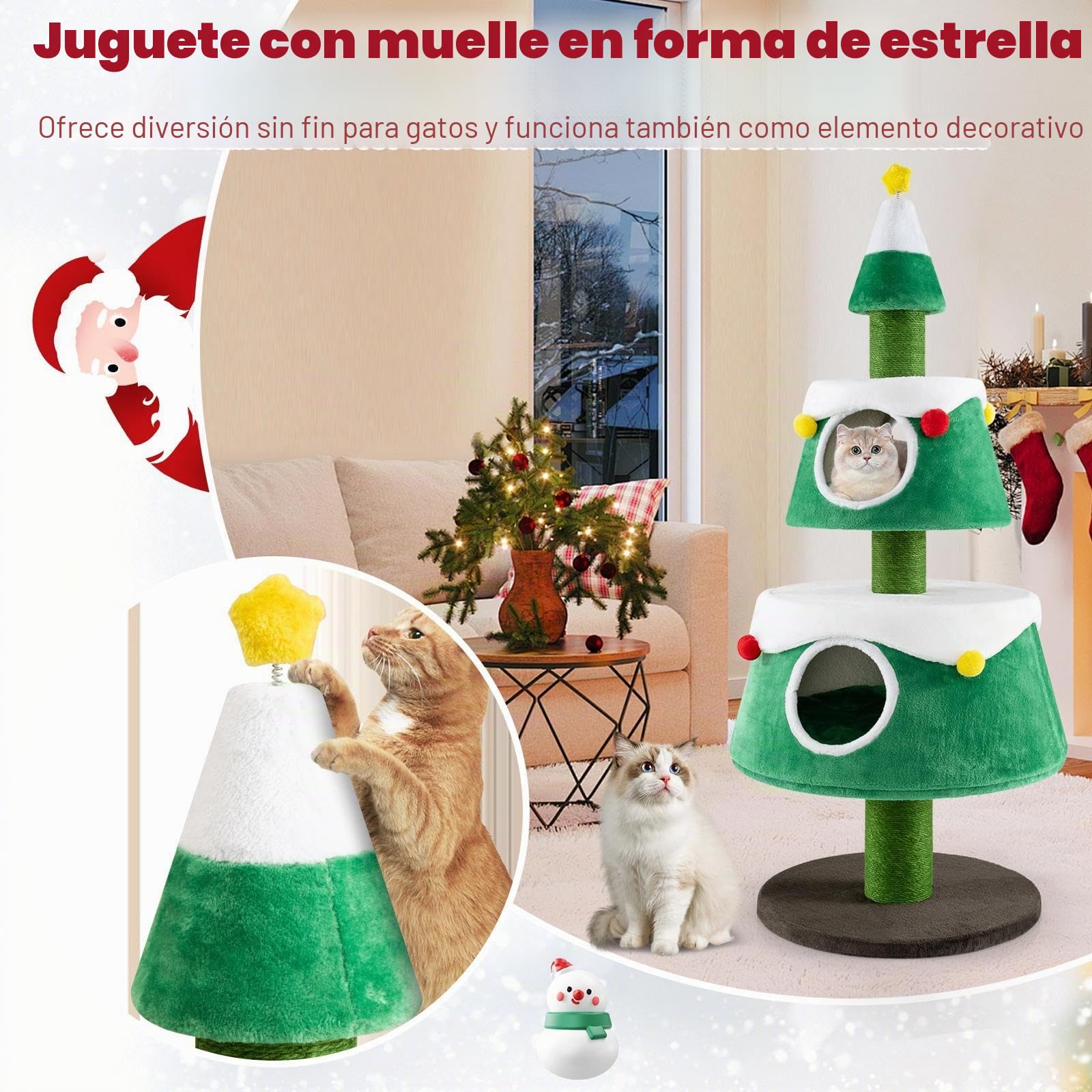 SOARS Árbol Rascador de Navidad para Gatos 153 cm, Grande Con Cama, Cojín Extraíble, Poste Rascador, Bolas de Pelo y Juguete Estrella