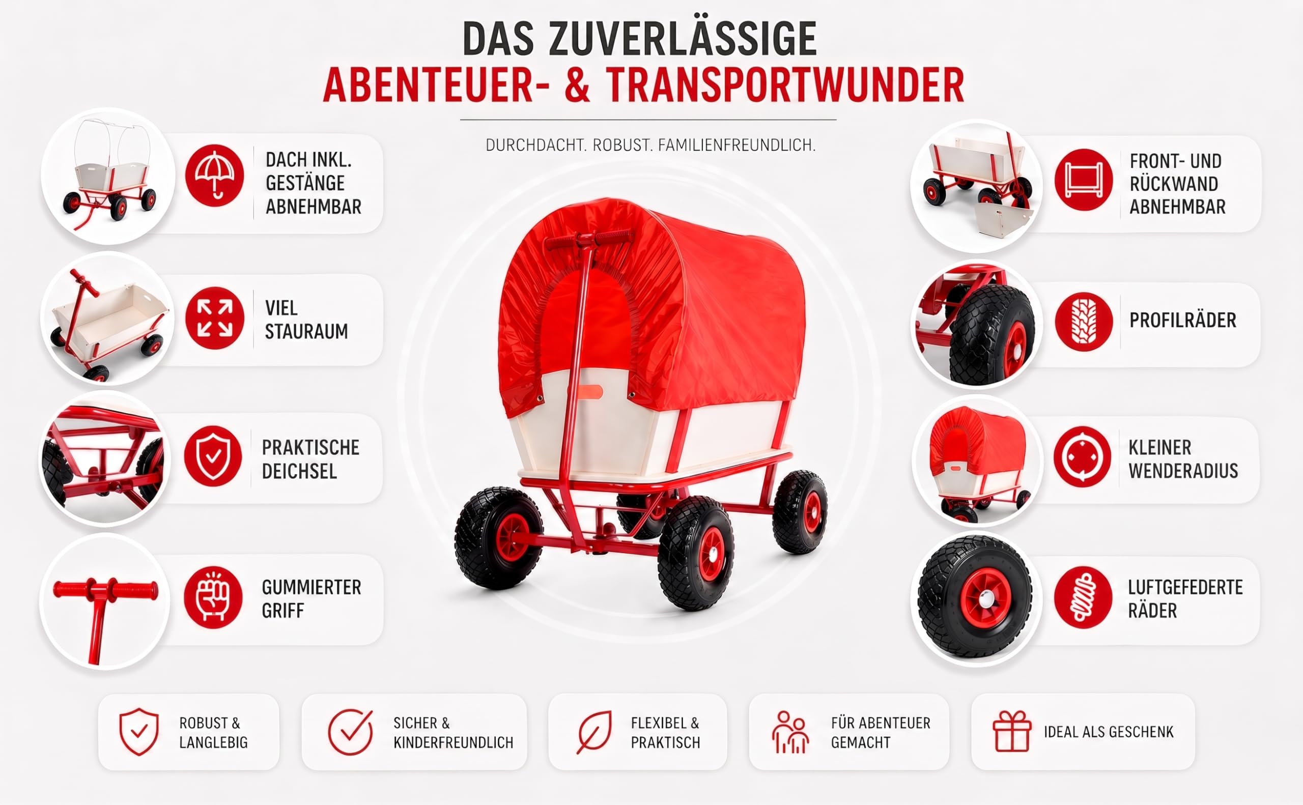 MONZANA® Bollerwagen Holz bis 180 kg mit Dach Luftreifen Stabil Robust Stahl Allround Handwagen Gartenwagen Strandwagen Leiterwagen Transportwagen Rot