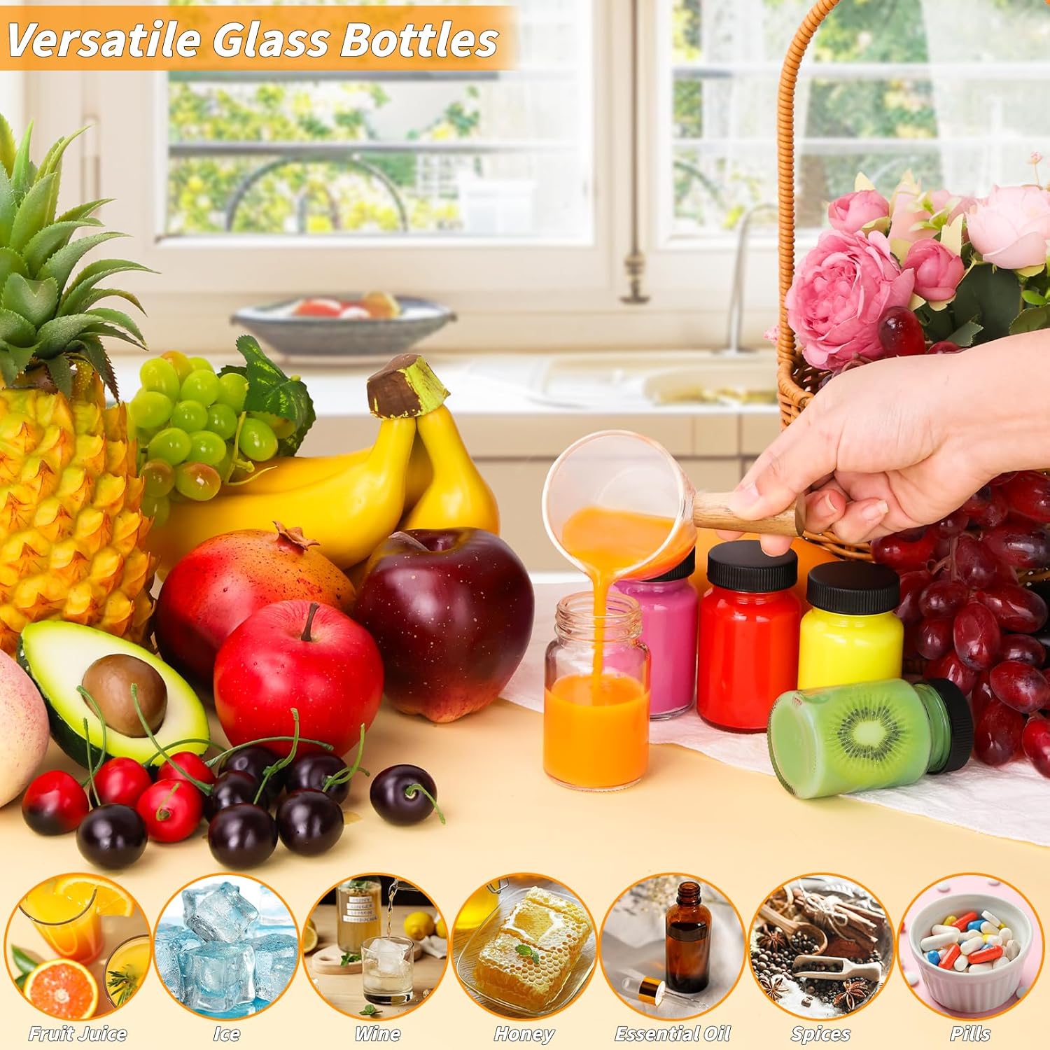 80 Pack 2 oz Glass Shot Bottles with Black Lids Small Clear Glass Jar for Ginger Shot Mini Juice Bottle Reusable Wide Mouth Travel Cup Leakage-Proof with Labels for Wellness Juice Milk Potion Liquids
