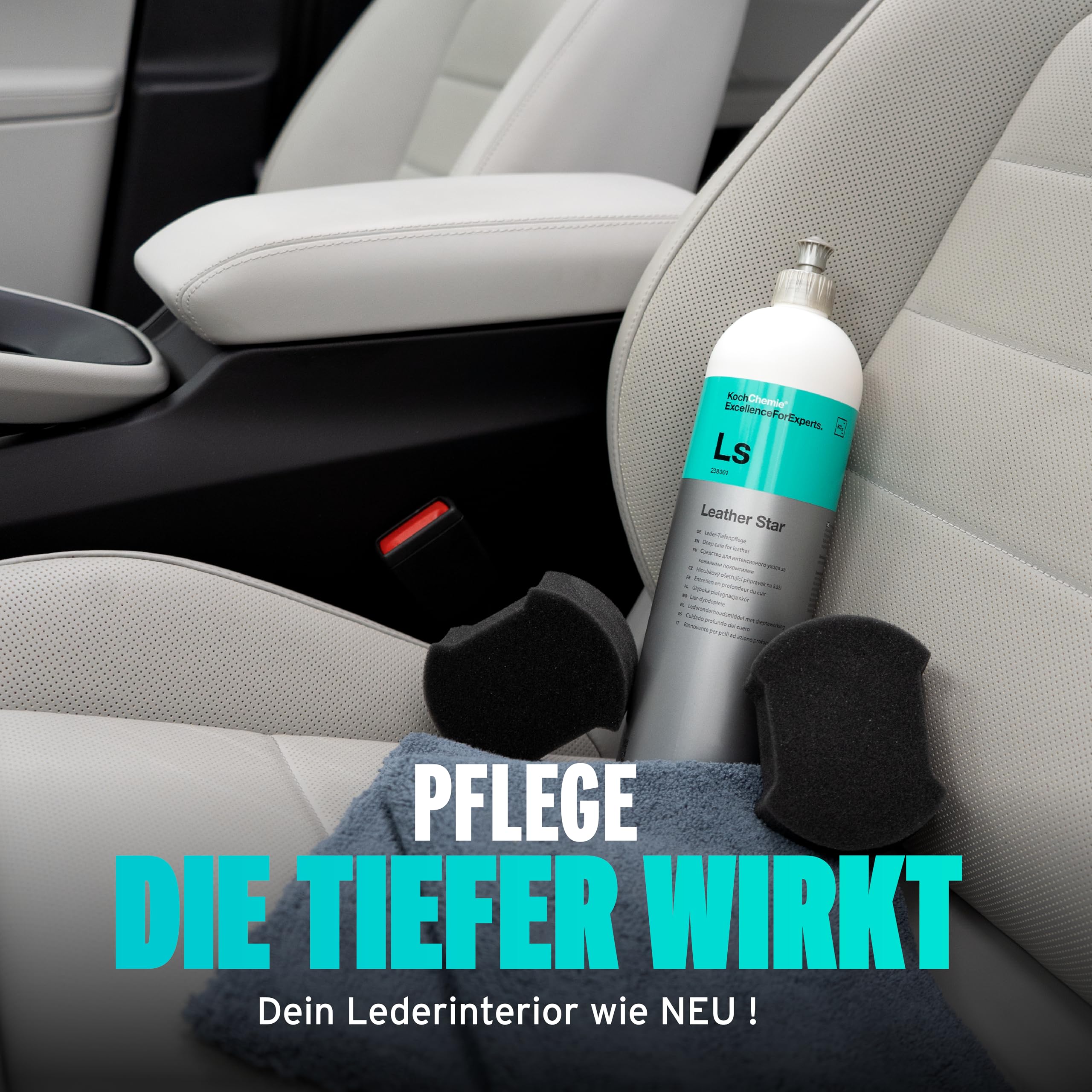 Lederpflege Set | Koch Chemie Leather Star Leder Tiefenpflege Seidenmatt 1l + Auftragsschwämme + Mikrofasertücher | Pflegemittel für Autositze Lenkrad Sofa Couch | Pflege für Auto Motorrad & Haushalt