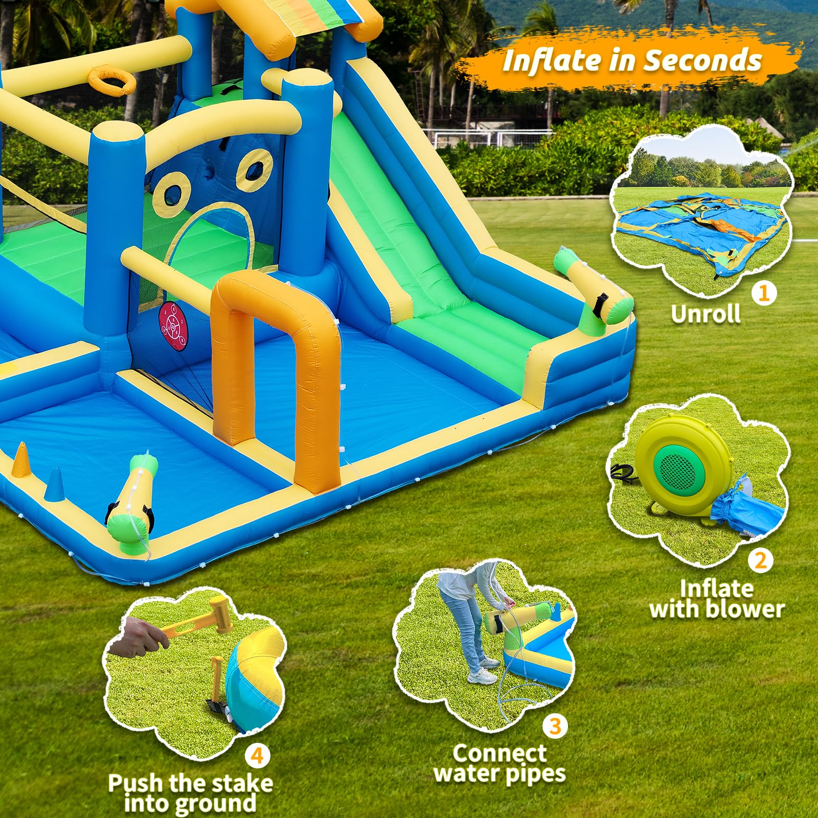 Hüpfburg für Kinder, 10 in 1 Aufblasbare Hüpfburg mit Wasserrutsche, Wasserspritzern, Klettern, Springen, Fußballfeld und Basketballkorb, XXL Hüpfburg mit Gebläse für den Innen- und Außenbereich