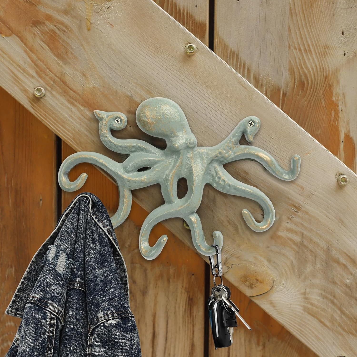 Octopus Iron Wall Hooks for Hanging, Rustic Decorative Hooks/Key Holder/Coat Hooks/Towel Hooks with 6 arms - Gold Green - Image 6