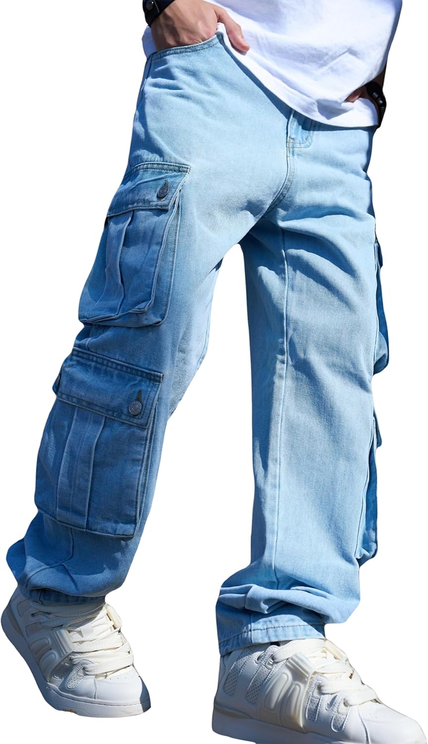 Idopy Washed Vintage Loose Fit Baggy Street Style Hip Hop Cargo Jeans Denim Pants