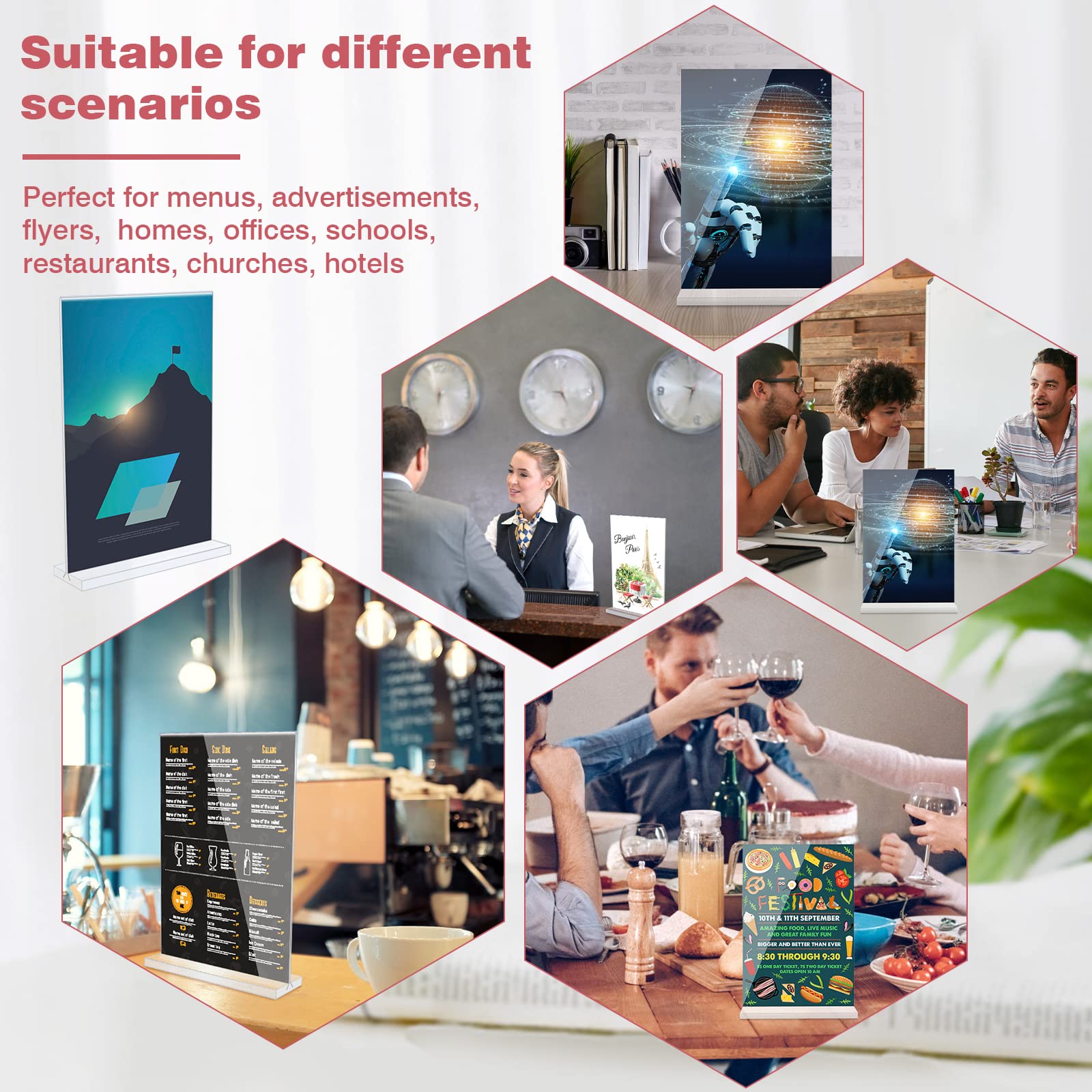 UMILKI 4 Pezzi Porta Menu da Tavolo in Acrilico, Espositore da tavolo A4 con Base, T Supporti menù, Porta Avvisi da Tavolo per Menu, Foto, Prezzi, Poster