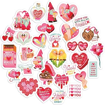 Navy Peony Valentines Gnome Stickers 30pcs - Love-Filled, Heartfelt, Pink & Red Decals for Greeting Cards, Laptops, Phone Cases, Tumblers