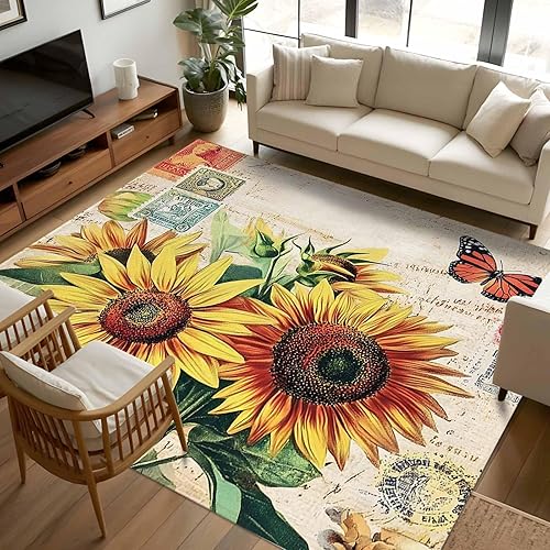 Miniatura 1 de 5x8 Area Rugs, Retro Sunflower Non-Skid Rubber Backing Large Rectangle Rugs - Living Room Bedroom Home Office, Spring Botanical Floral Watercolor