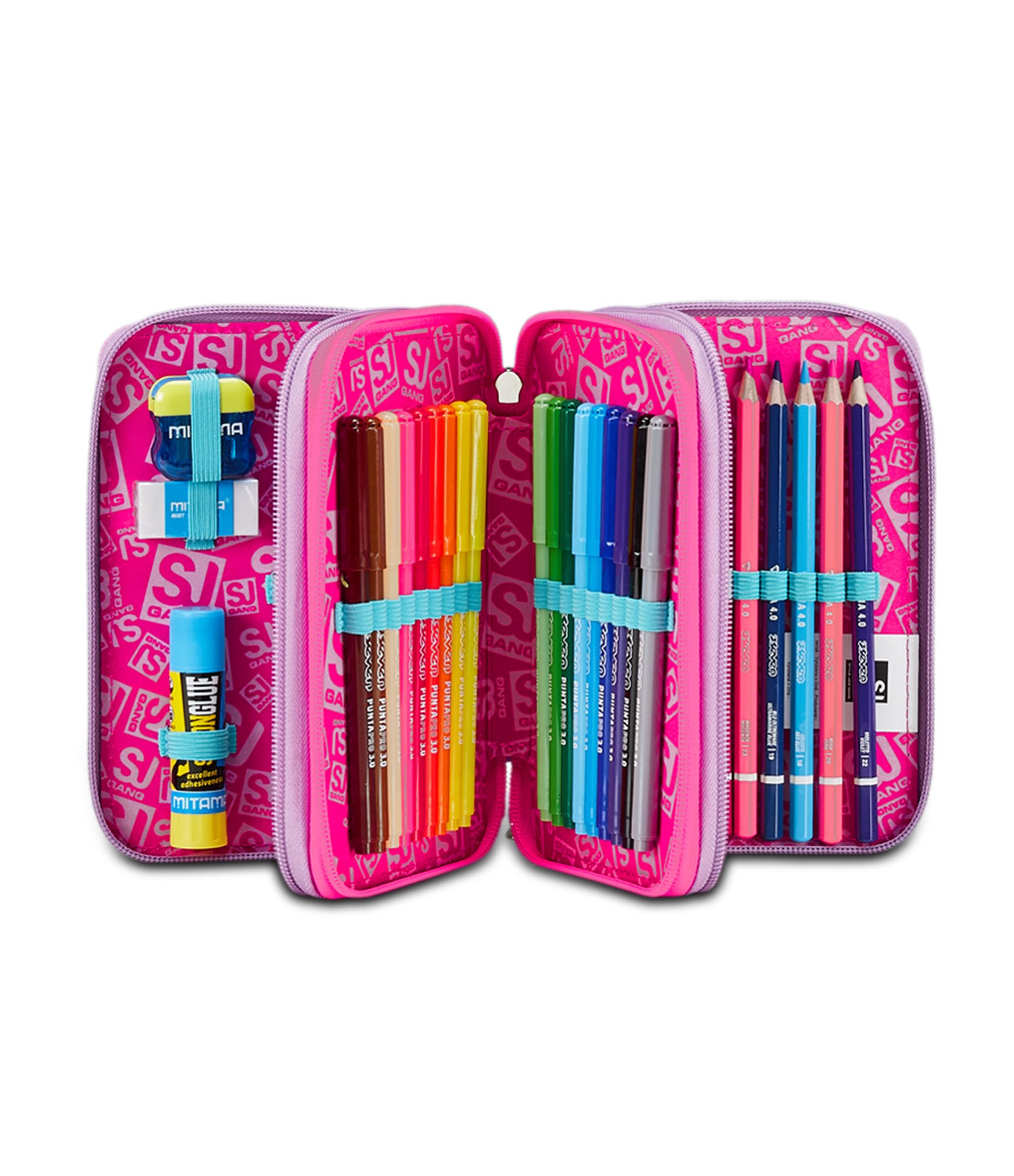 SJ Gang Astuccio Scuola 3 Zip, Rosa, Magicance, Portapenne Triplo Scomparto Completo Di Penne, Matite, Colori, Accessori Zaino, Elementari, Medie, Bambina, 30C202400-376