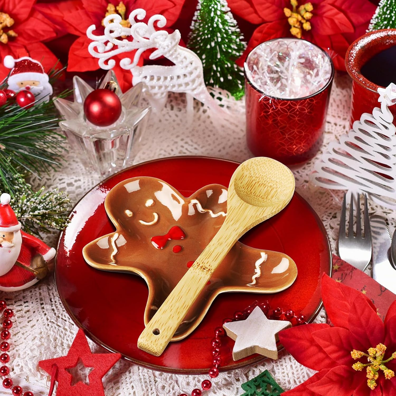 Suclain 2 Sets Christmas Gingerbread Man Spoon Rest with Wood Spoon