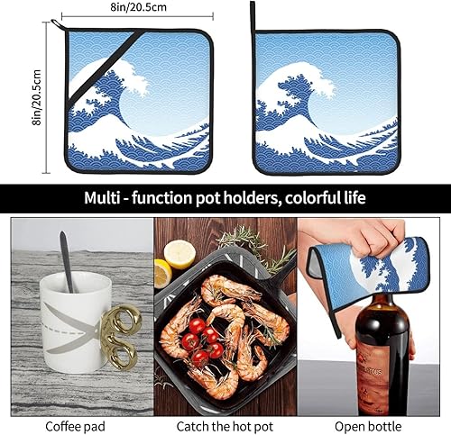 Miniatura 6 de Juego de 2 agarraderas japonesas Kanagawa de olas marinas para cocina, resistentes al calor, almohadillas calientes para encimera de cocina,