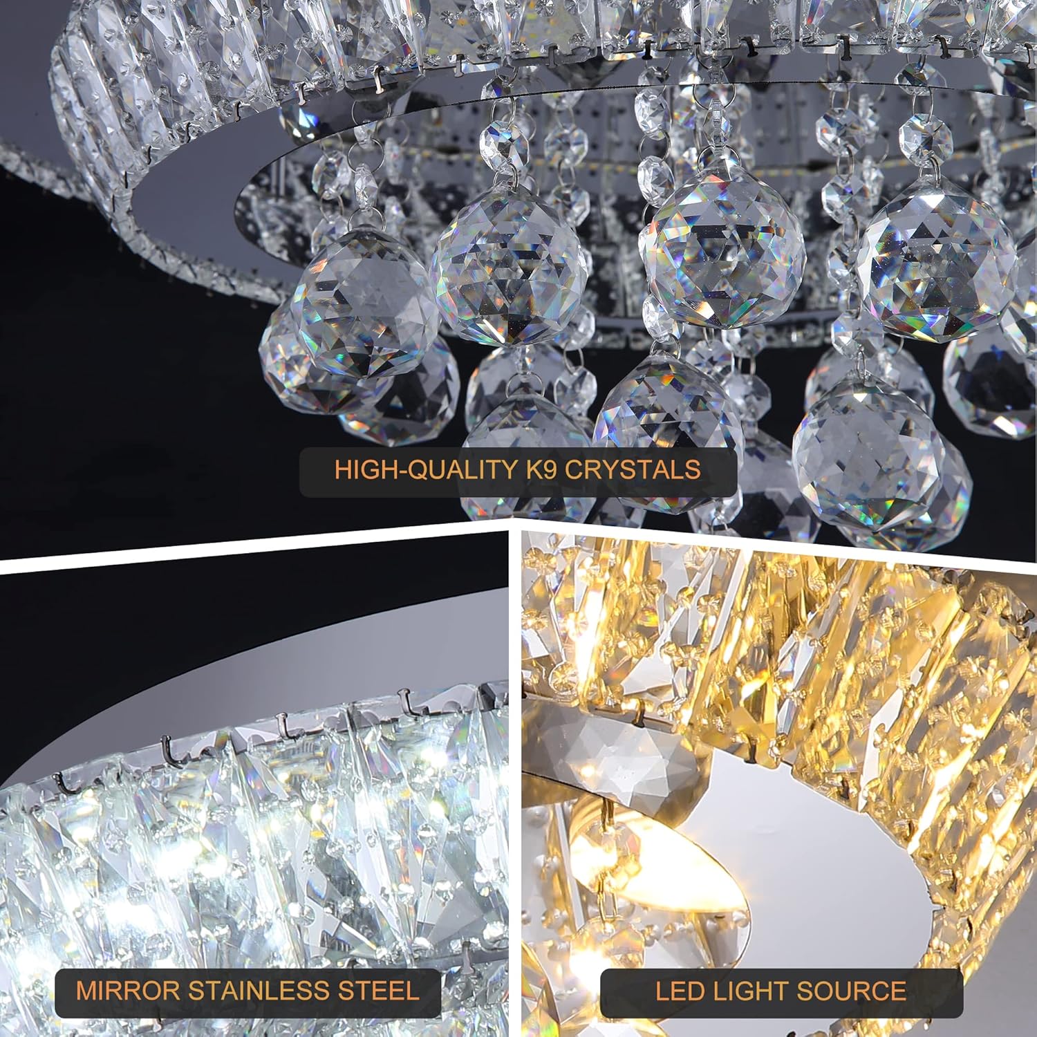 Elegant LED Crystal Raindrop Ceiling Light,20" Flush Mount Chandelier Light Fixture with Remote Control for Living Room Kitchen Island Bathroom Bedroom Hallway Entryway(Dimmable)